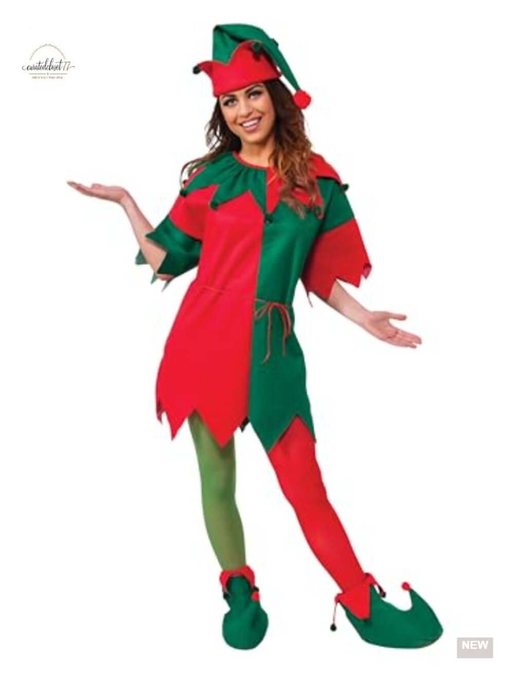 Adult Elf Costume 4-Piece Set Tunic Hat Belt Shoes Halloween Cosplay
